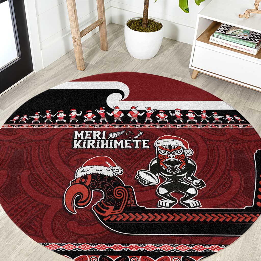 New Zealand Christmas Round Carpet Meri Kirihimete Aotearoa Warrior on Waka with Maori Art Tattoo LT03 Red - Polynesian Pride