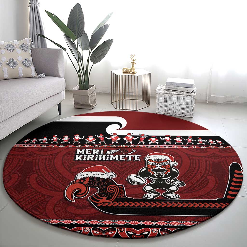 New Zealand Christmas Round Carpet Meri Kirihimete Aotearoa Warrior on Waka with Maori Art Tattoo LT03 - Polynesian Pride