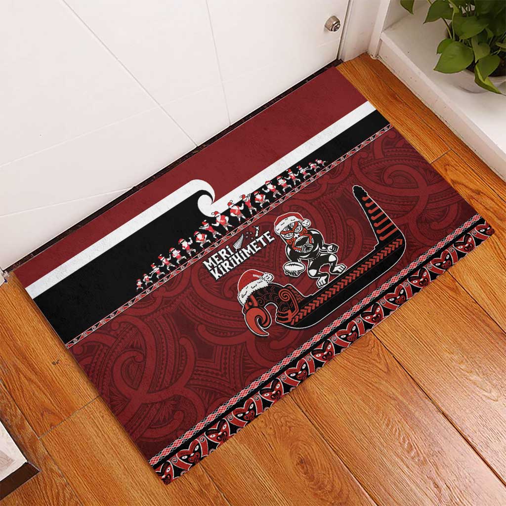 New Zealand Christmas Rubber Doormat Meri Kirihimete Aotearoa Warrior on Waka with Maori Art Tattoo LT03 - Polynesian Pride