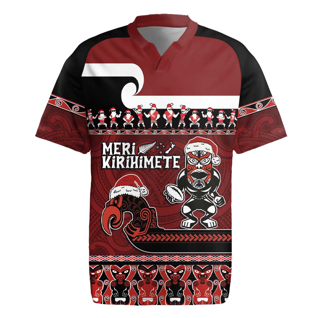 New Zealand Christmas Rugby Jersey Meri Kirihimete Aotearoa Warrior on Waka with Maori Art Tattoo LT03 Red - Polynesian Pride