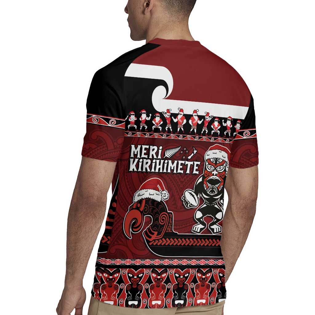 New Zealand Christmas Rugby Jersey Meri Kirihimete Aotearoa Warrior on Waka with Maori Art Tattoo LT03 - Polynesian Pride