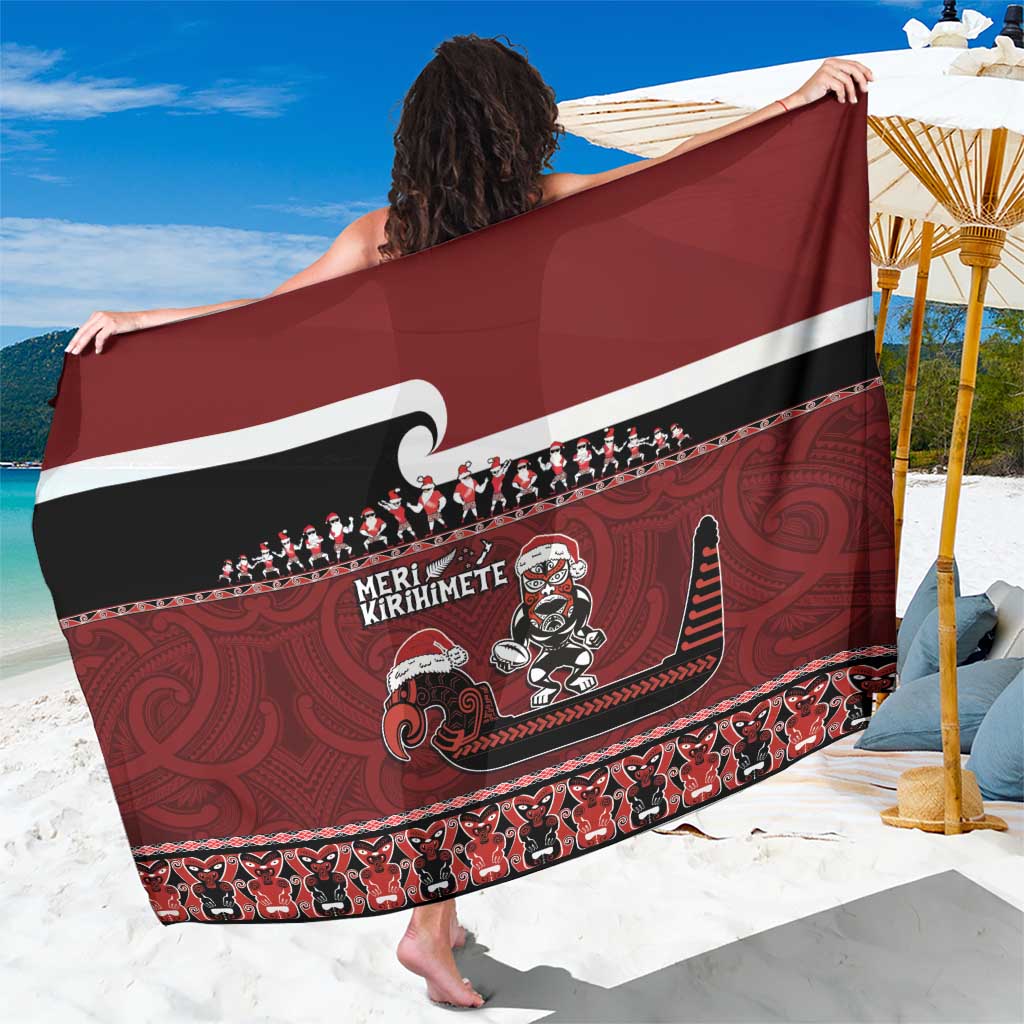 New Zealand Christmas Sarong Meri Kirihimete Aotearoa Warrior on Waka with Maori Art Tattoo LT03 One Size 44 x 66 inches Red - Polynesian Pride