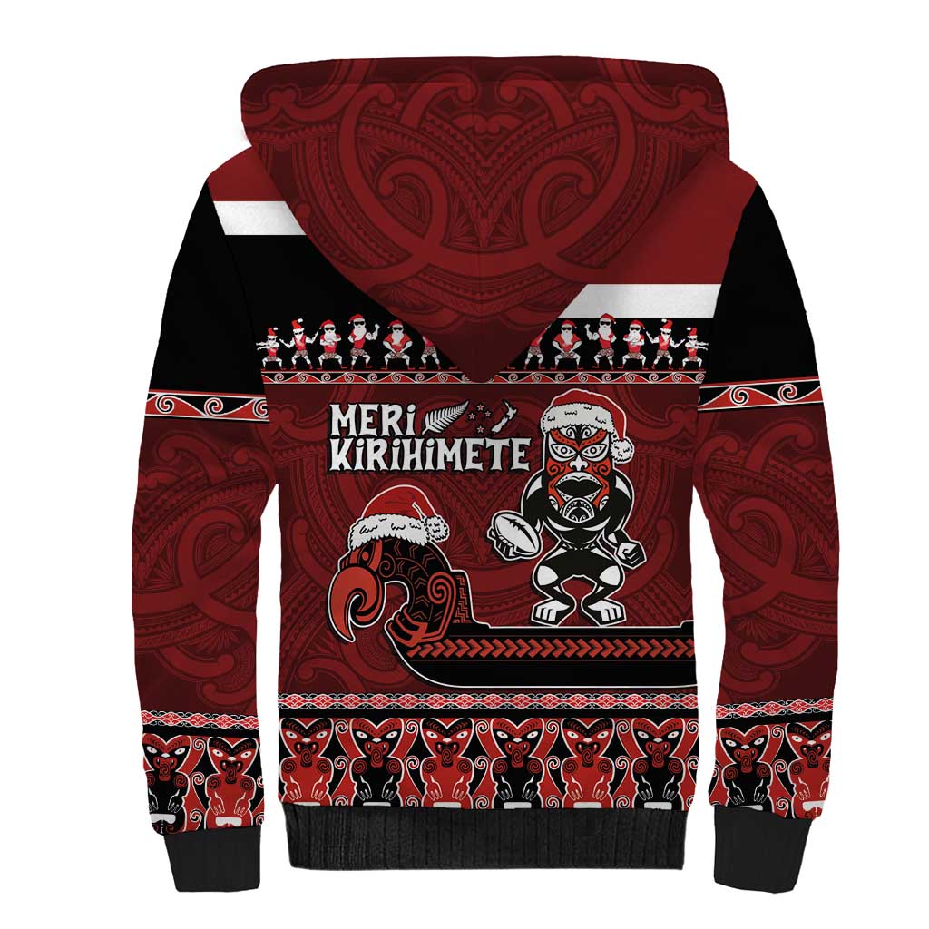 New Zealand Christmas Sherpa Hoodie Meri Kirihimete Aotearoa Warrior on Waka with Maori Art Tattoo LT03 - Polynesian Pride