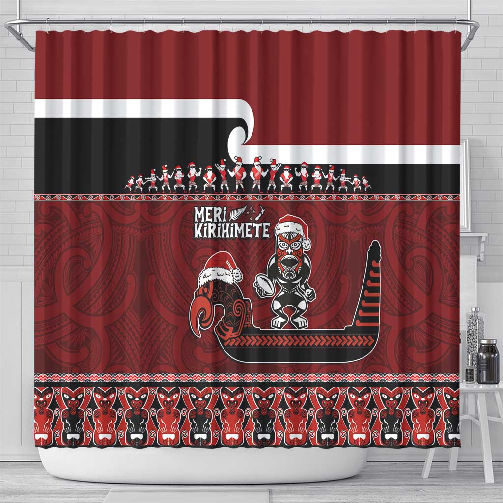 New Zealand Christmas Shower Curtain Meri Kirihimete Aotearoa Warrior on Waka with Maori Art Tattoo LT03 - Polynesian Pride