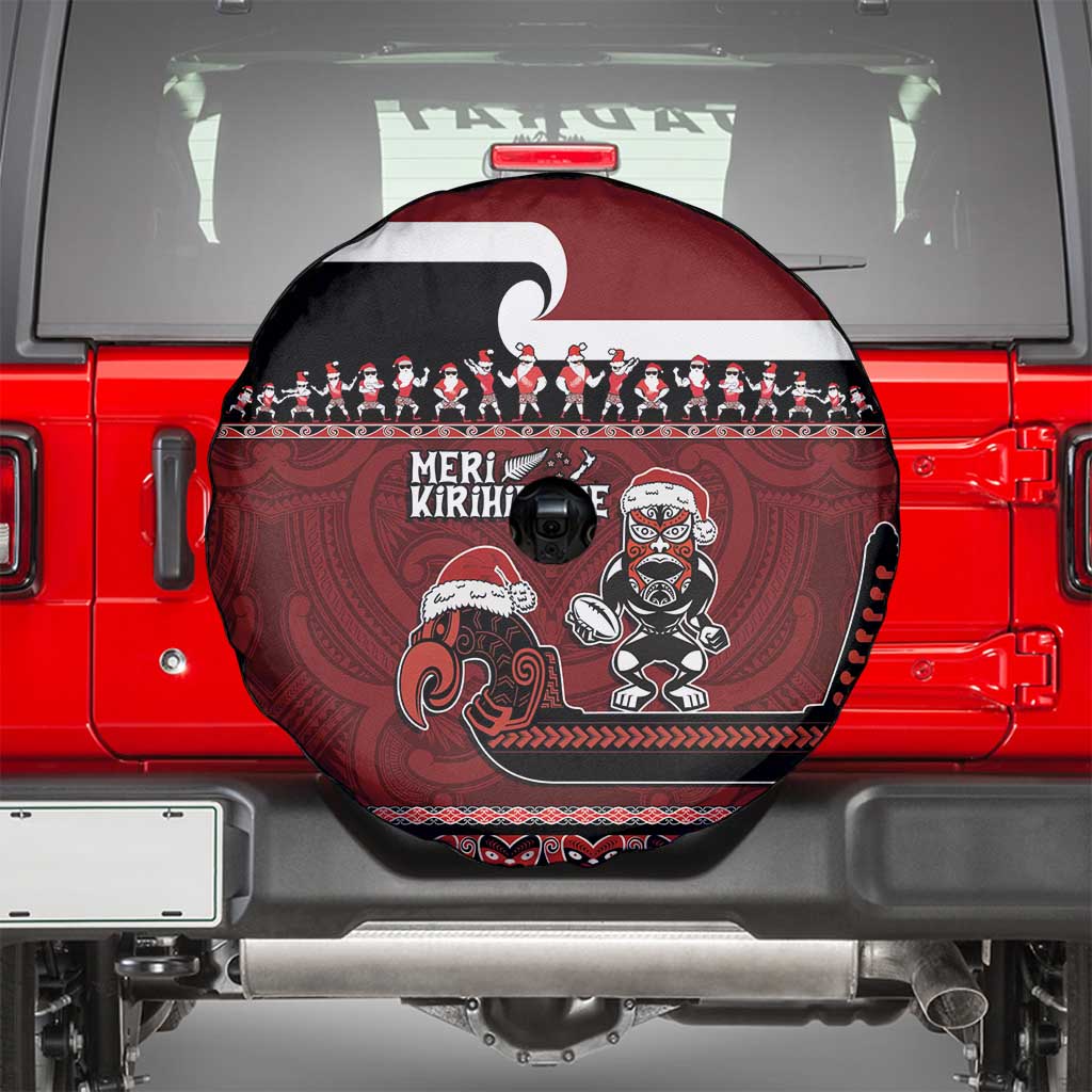New Zealand Christmas Spare Tire Cover Meri Kirihimete Aotearoa Warrior on Waka with Maori Art Tattoo LT03 - Polynesian Pride