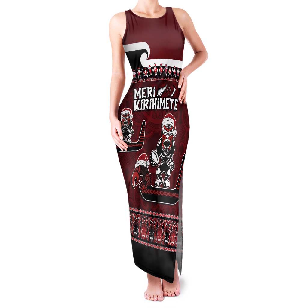 New Zealand Christmas Tank Maxi Dress Meri Kirihimete Aotearoa Warrior on Waka with Maori Art Tattoo LT03 Women Red - Polynesian Pride