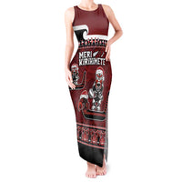 New Zealand Christmas Tank Maxi Dress Meri Kirihimete Aotearoa Warrior on Waka with Maori Art Tattoo LT03 Women Red - Polynesian Pride