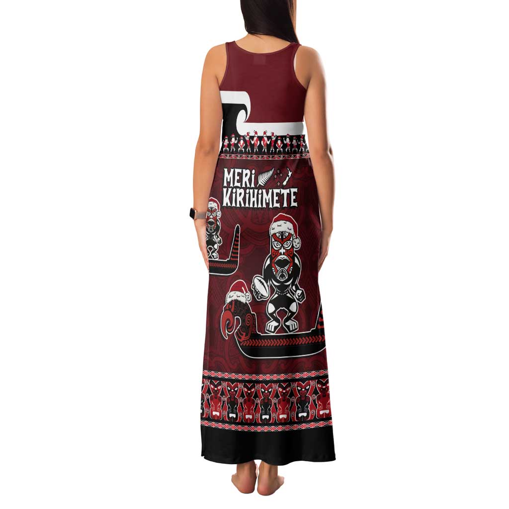 New Zealand Christmas Tank Maxi Dress Meri Kirihimete Aotearoa Warrior on Waka with Maori Art Tattoo LT03 - Polynesian Pride