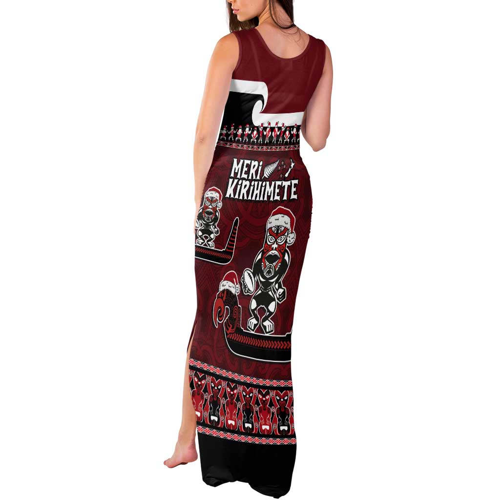 New Zealand Christmas Tank Maxi Dress Meri Kirihimete Aotearoa Warrior on Waka with Maori Art Tattoo LT03 - Polynesian Pride