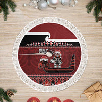 New Zealand Christmas Tree Skirt - Meri Kirihimete Aotearoa Warrior on Waka with Maori Art Tattoo LT03 Fringed Red - Polynesian Pride