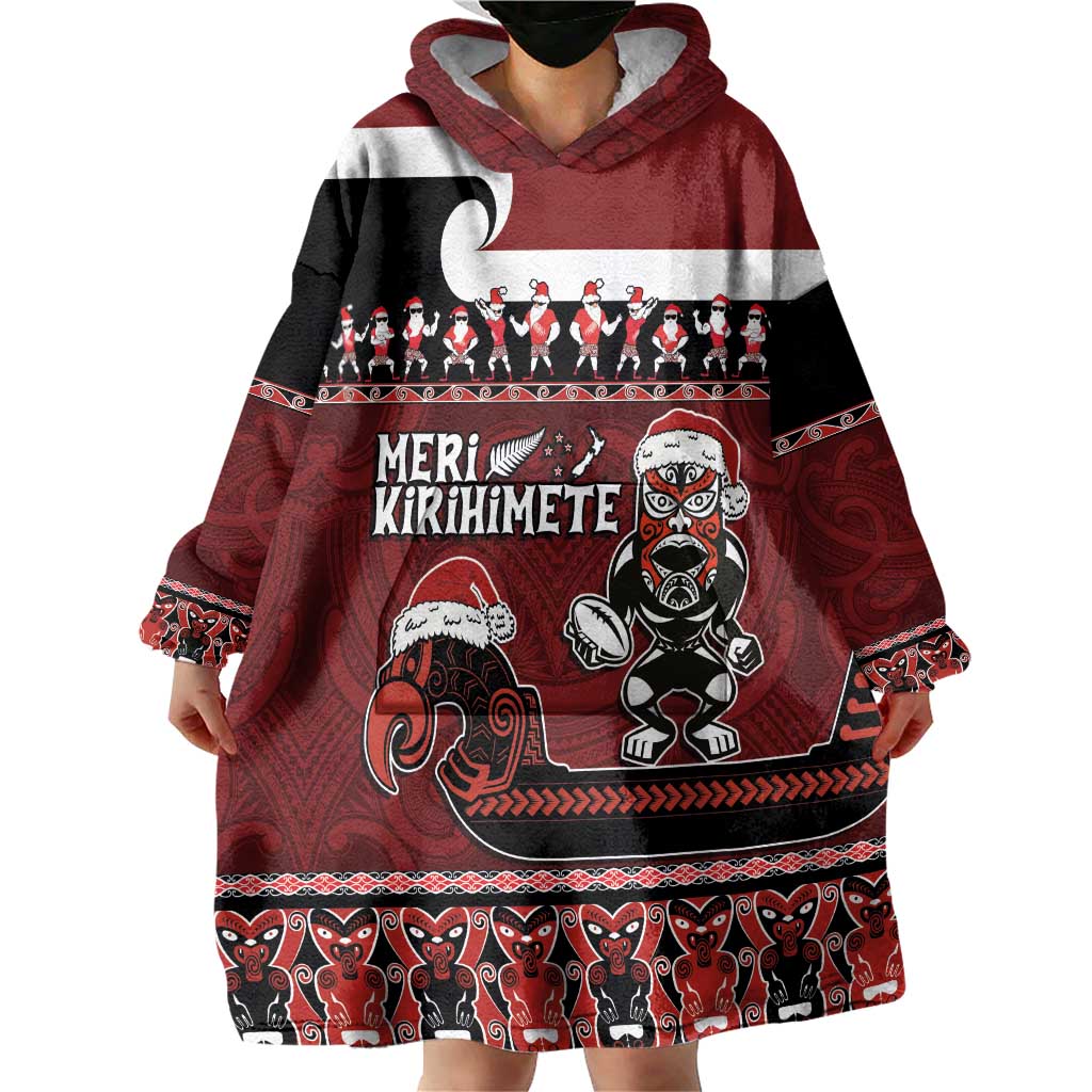 New Zealand Christmas Wearable Blanket Hoodie Meri Kirihimete Aotearoa Warrior on Waka with Maori Art Tattoo LT03 - Polynesian Pride