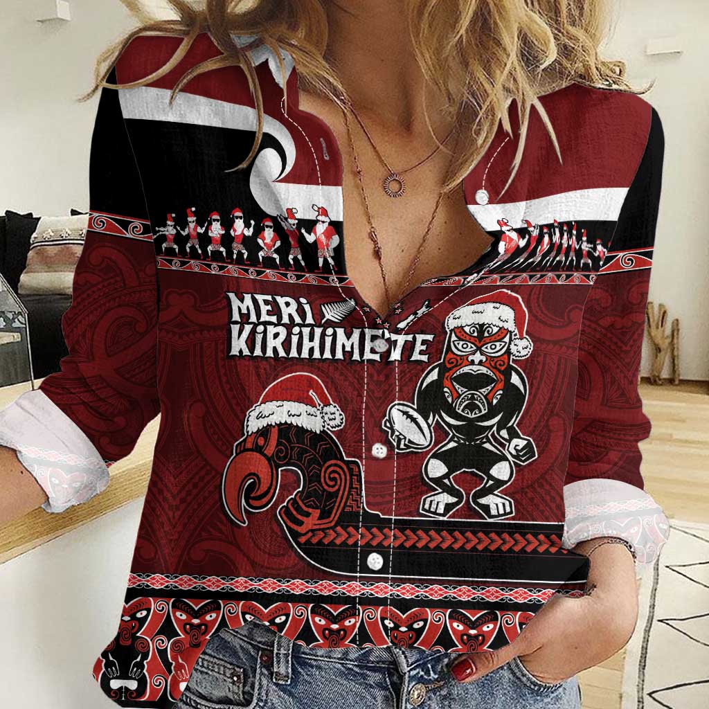New Zealand Christmas Women Casual Shirt Meri Kirihimete Aotearoa Warrior on Waka with Maori Art Tattoo LT03 Female Red - Polynesian Pride