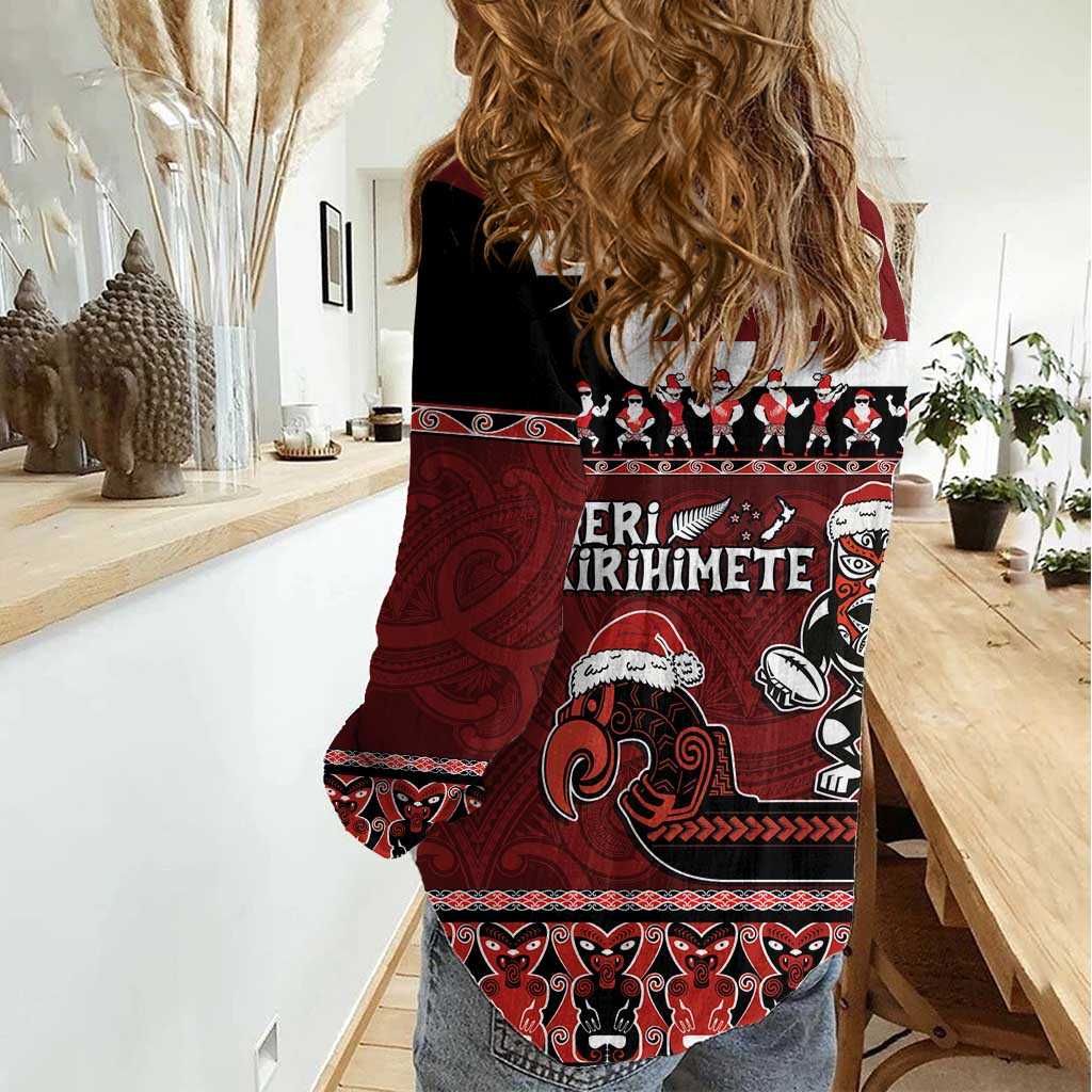 New Zealand Christmas Women Casual Shirt Meri Kirihimete Aotearoa Warrior on Waka with Maori Art Tattoo LT03 - Polynesian Pride