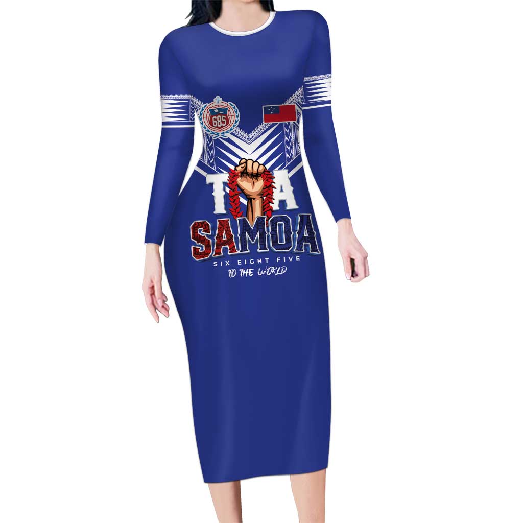Toa Samoa Rugby Family Matching Long Sleeve Bodycon Dress and Hawaiian Shirt Six Eight Five to The World LT03 Mom's Dress Blue - Polynesian Pride