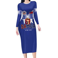 Toa Samoa Rugby Family Matching Long Sleeve Bodycon Dress and Hawaiian Shirt Six Eight Five to The World LT03 Mom's Dress Blue - Polynesian Pride