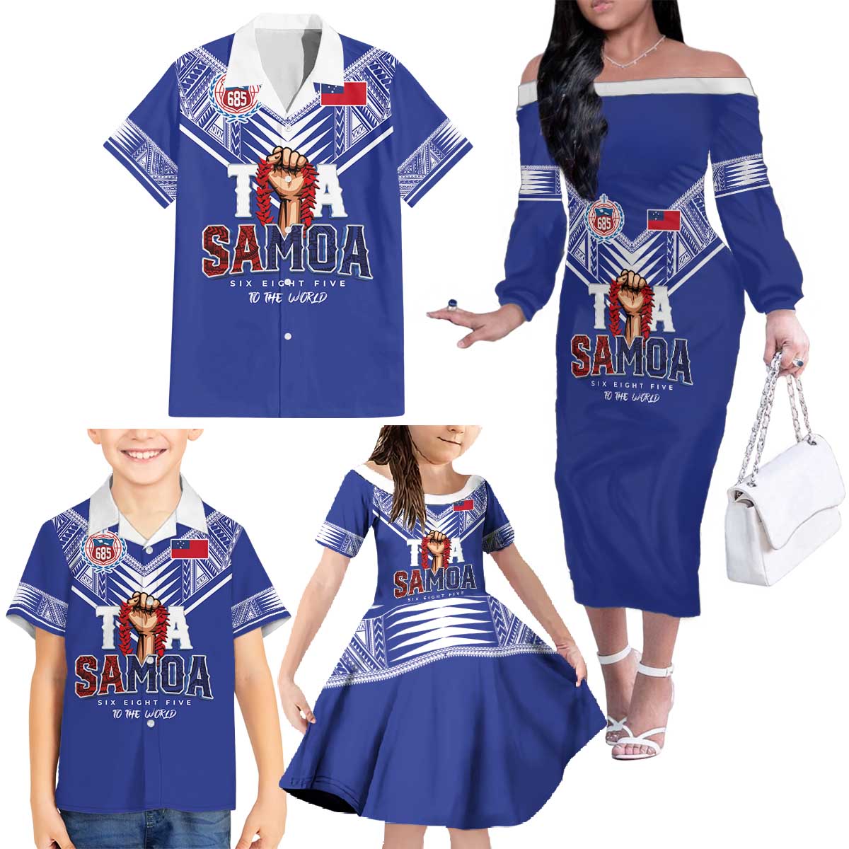Toa Samoa Rugby Family Matching Off The Shoulder Long Sleeve Dress and Hawaiian Shirt Six Eight Five to The World LT03 - Polynesian Pride