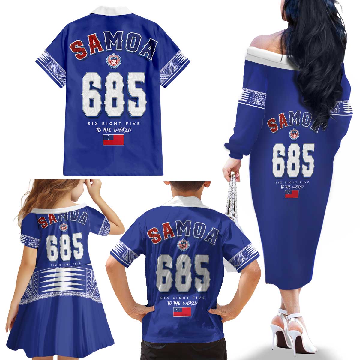 Toa Samoa Rugby Family Matching Off The Shoulder Long Sleeve Dress and Hawaiian Shirt Six Eight Five to The World LT03 - Polynesian Pride