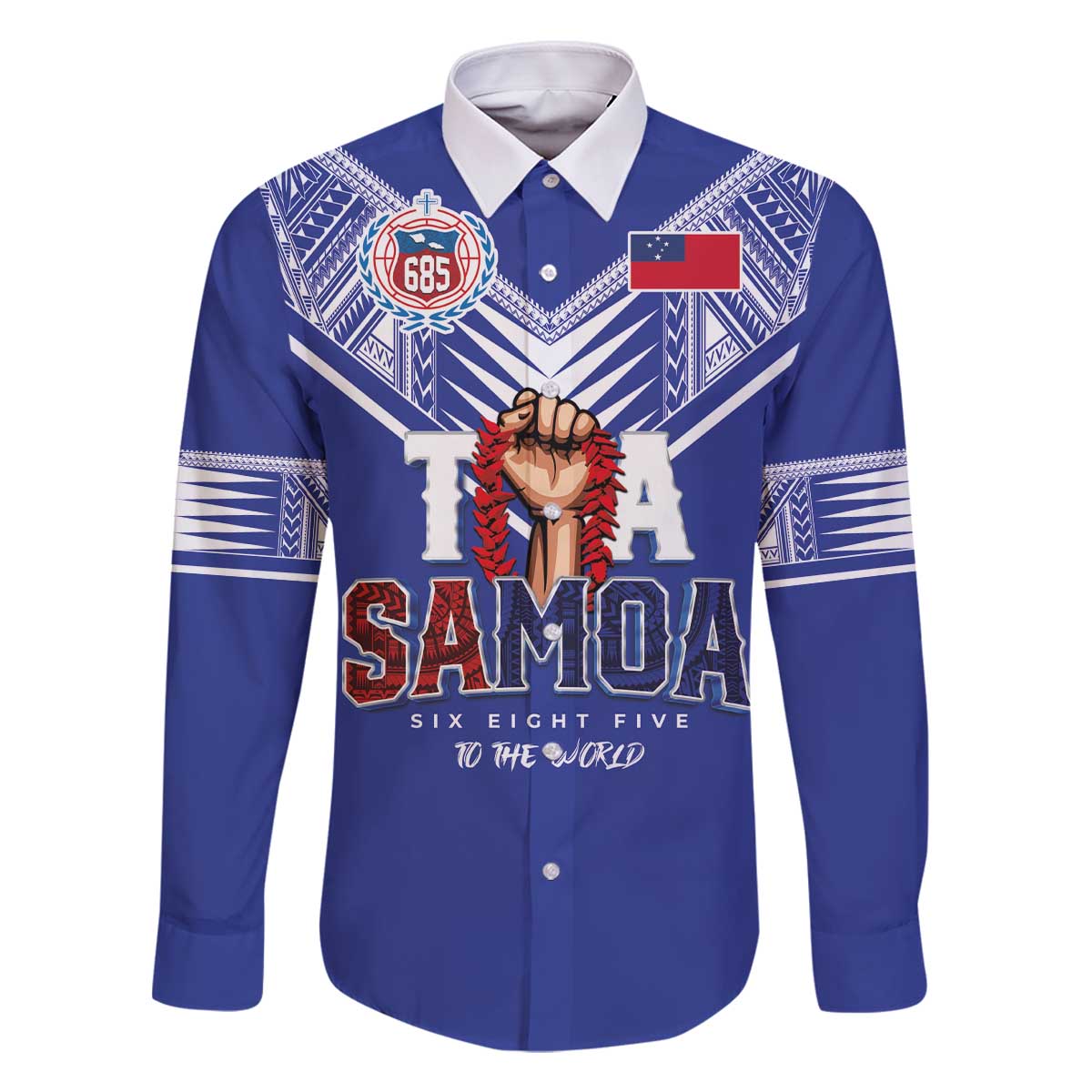 Toa Samoa Rugby Family Matching Off The Shoulder Long Sleeve Dress and Hawaiian Shirt Six Eight Five to The World LT03 Dad's Shirt - Long Sleeve Blue - Polynesian Pride