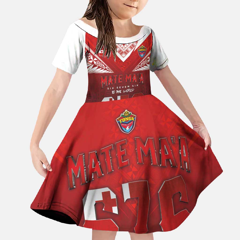 Mate Ma'a Tonga Rugby Family Matching Off Shoulder Maxi Dress and Hawaiian Shirt Six Seven Six to The World LT03 Daughter's Dress Red - Polynesian Pride