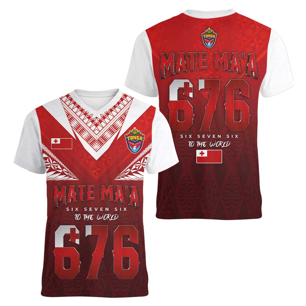 Mate Ma'a Tonga Rugby Women V-Neck T-Shirt Six Seven Six to The World