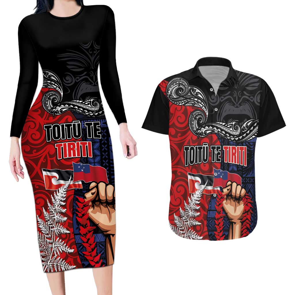Aotearoa and Samoa Toitu Te Tiriti Couples Matching Long Sleeve Bodycon Dress and Hawaiian Shirt Honour the Treaty - Te Tiriti Is Us LT03 Black - Polynesian Pride