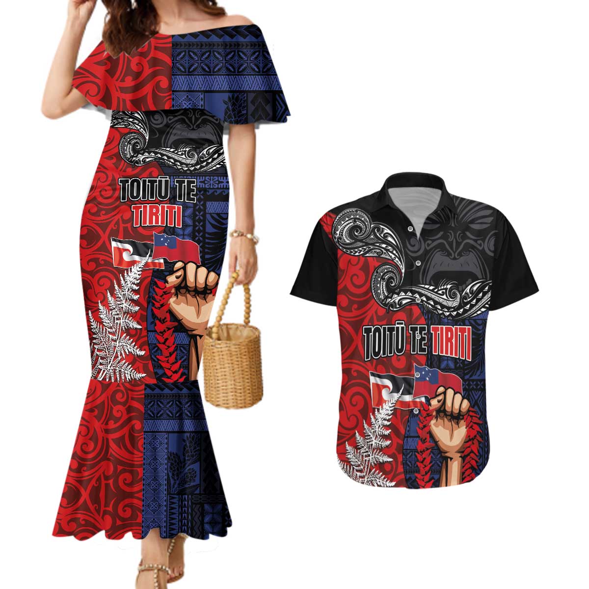 Aotearoa and Samoa Toitu Te Tiriti Couples Matching Mermaid Dress and Hawaiian Shirt Honour the Treaty - Te Tiriti Is Us LT03 Black - Polynesian Pride