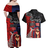 Aotearoa and Samoa Toitu Te Tiriti Couples Matching Off Shoulder Maxi Dress and Hawaiian Shirt Honour the Treaty - Te Tiriti Is Us LT03 - Polynesian Pride