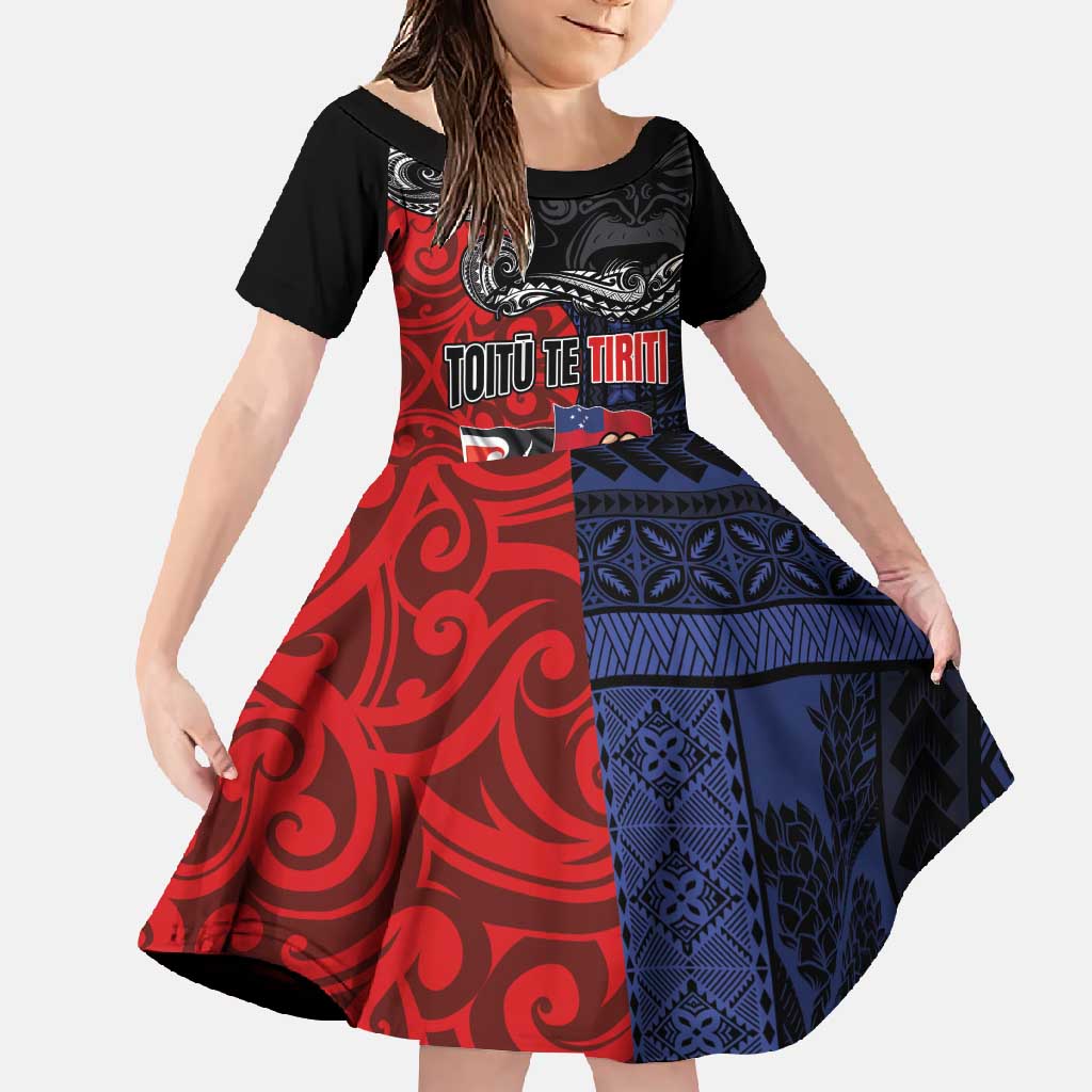 Aotearoa and Samoa Toitu Te Tiriti Family Matching Long Sleeve Bodycon Dress and Hawaiian Shirt Honour the Treaty - Te Tiriti Is Us LT03 Daughter's Dress Black - Polynesian Pride