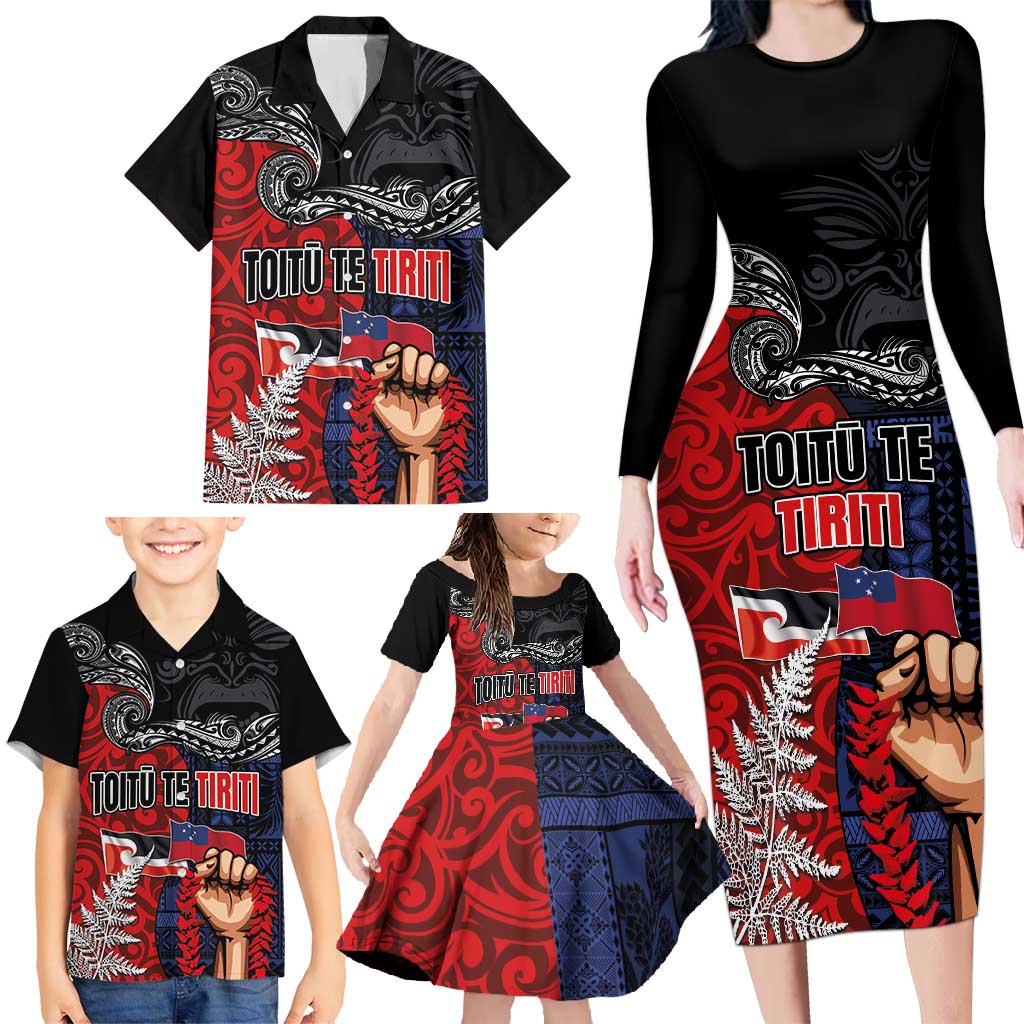 Aotearoa and Samoa Toitu Te Tiriti Family Matching Long Sleeve Bodycon Dress and Hawaiian Shirt Honour the Treaty - Te Tiriti Is Us LT03 - Polynesian Pride