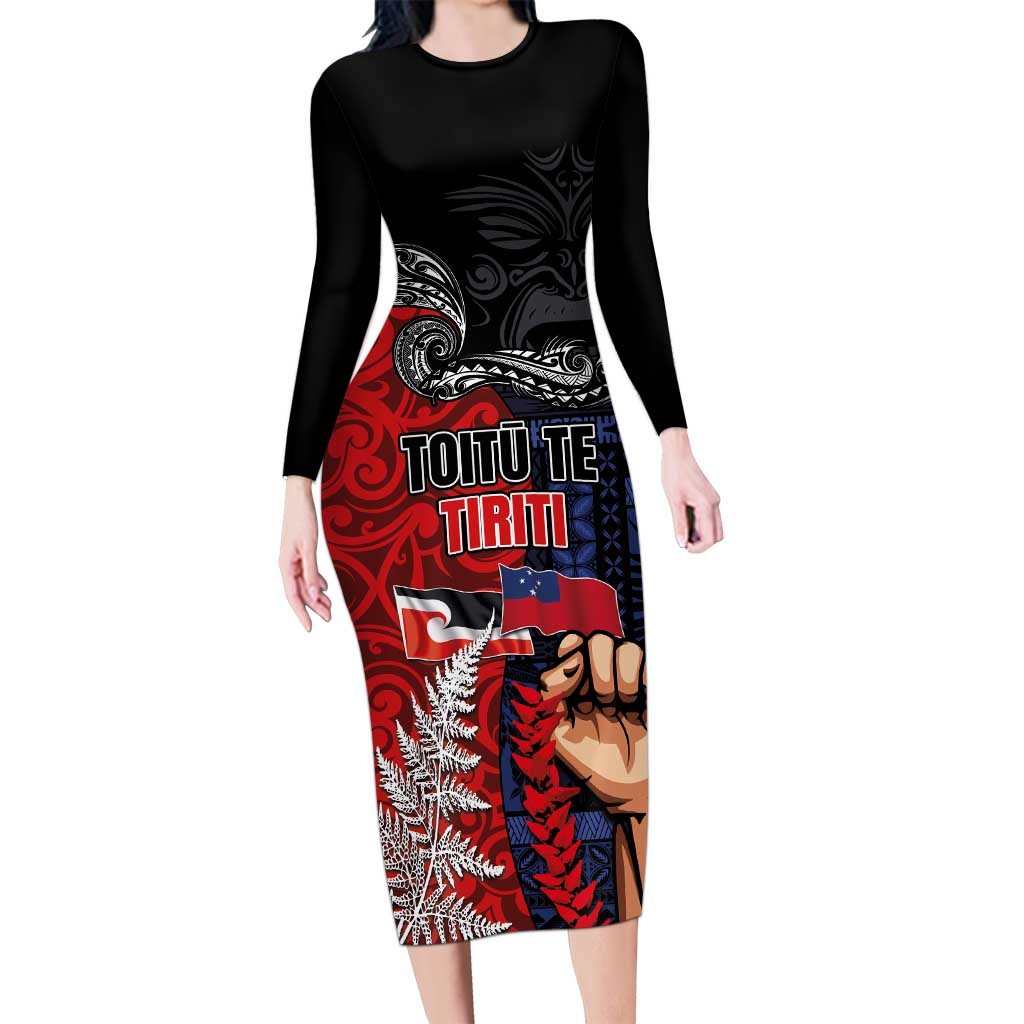 Aotearoa and Samoa Toitu Te Tiriti Family Matching Long Sleeve Bodycon Dress and Hawaiian Shirt Honour the Treaty - Te Tiriti Is Us LT03 Mom's Dress Black - Polynesian Pride