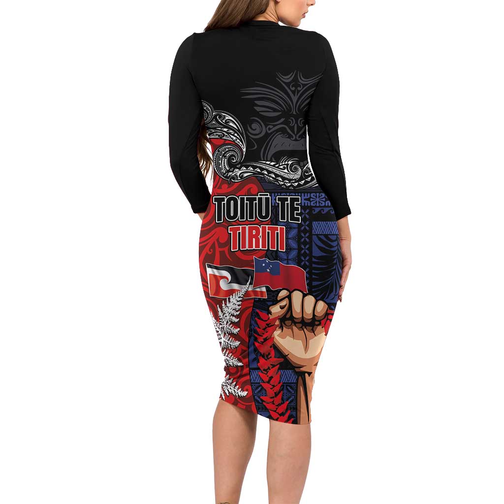Aotearoa and Samoa Toitu Te Tiriti Family Matching Long Sleeve Bodycon Dress and Hawaiian Shirt Honour the Treaty - Te Tiriti Is Us LT03 - Polynesian Pride