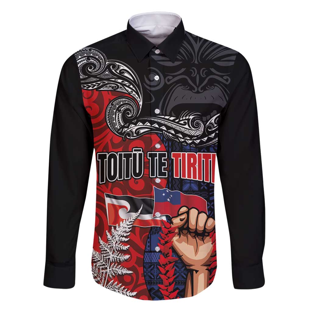 Aotearoa and Samoa Toitu Te Tiriti Family Matching Mermaid Dress and Hawaiian Shirt Honour the Treaty - Te Tiriti Is Us LT03 Dad's Shirt - Long Sleeve Black - Polynesian Pride