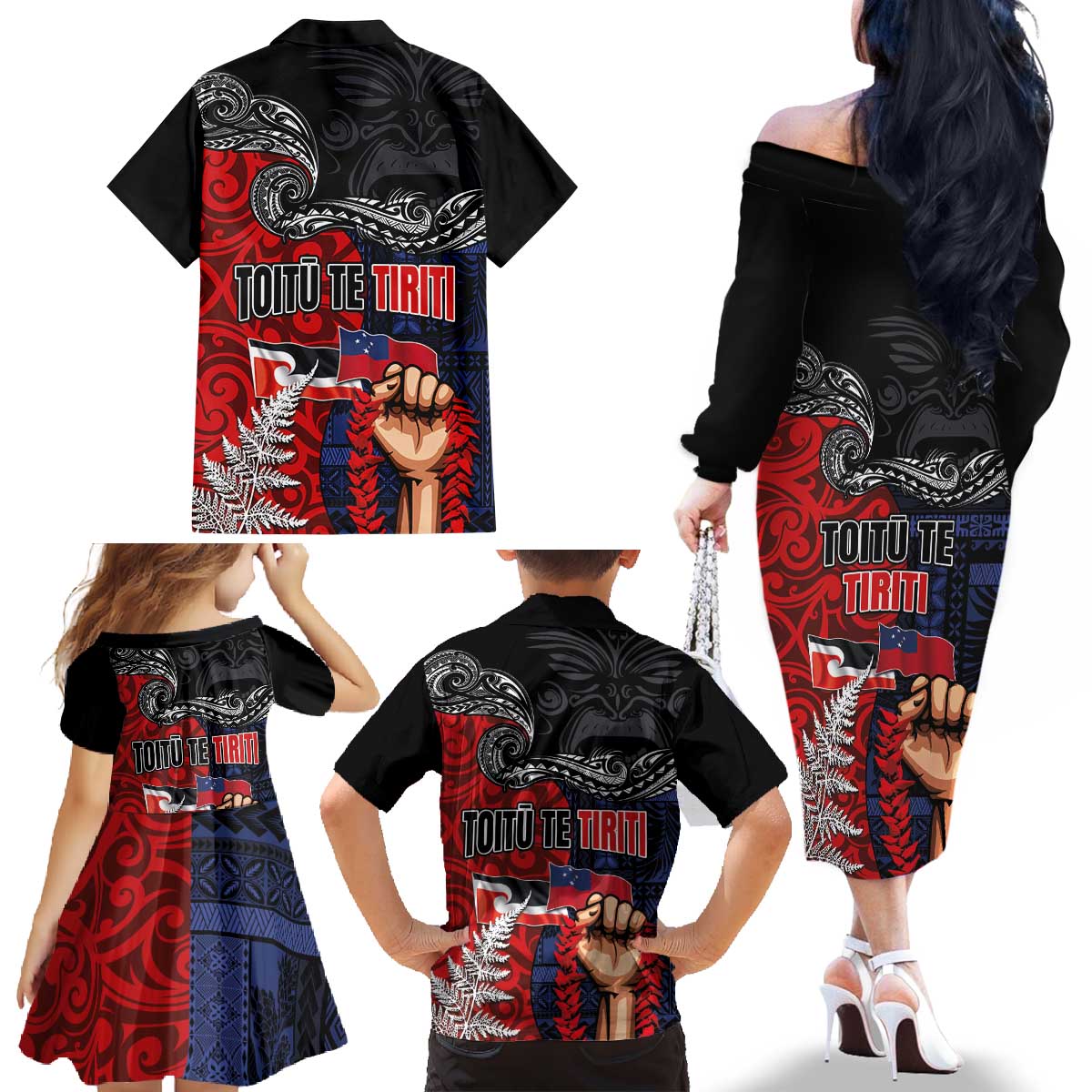 Aotearoa and Samoa Toitu Te Tiriti Family Matching Off The Shoulder Long Sleeve Dress and Hawaiian Shirt Honour the Treaty - Te Tiriti Is Us LT03 - Polynesian Pride