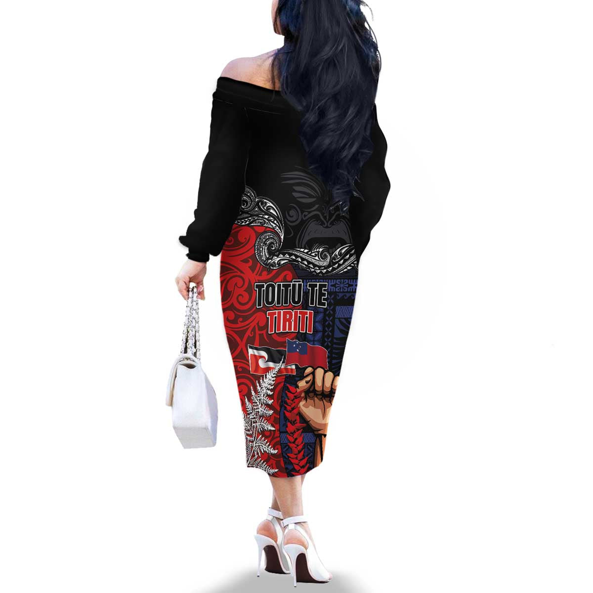 Aotearoa and Samoa Toitu Te Tiriti Family Matching Off The Shoulder Long Sleeve Dress and Hawaiian Shirt Honour the Treaty - Te Tiriti Is Us LT03 - Polynesian Pride