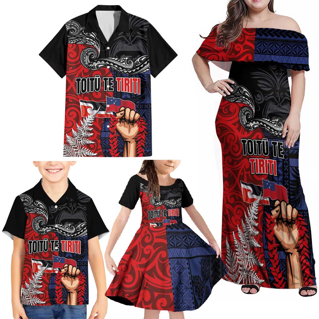 Aotearoa and Samoa Toitu Te Tiriti Family Matching Off Shoulder Maxi Dress and Hawaiian Shirt Honour the Treaty - Te Tiriti Is Us LT03 - Polynesian Pride