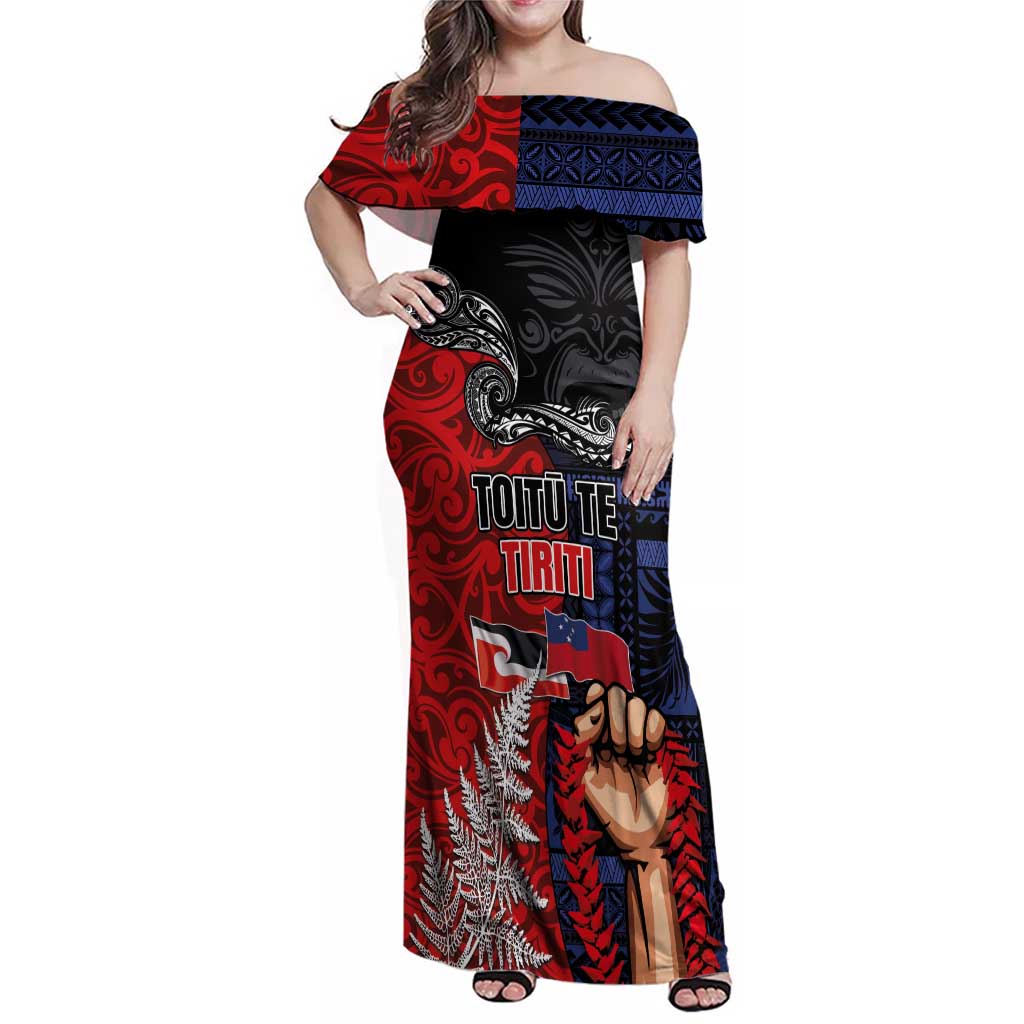 Aotearoa and Samoa Toitu Te Tiriti Family Matching Off Shoulder Maxi Dress and Hawaiian Shirt Honour the Treaty - Te Tiriti Is Us LT03 Mom's Dress Black - Polynesian Pride