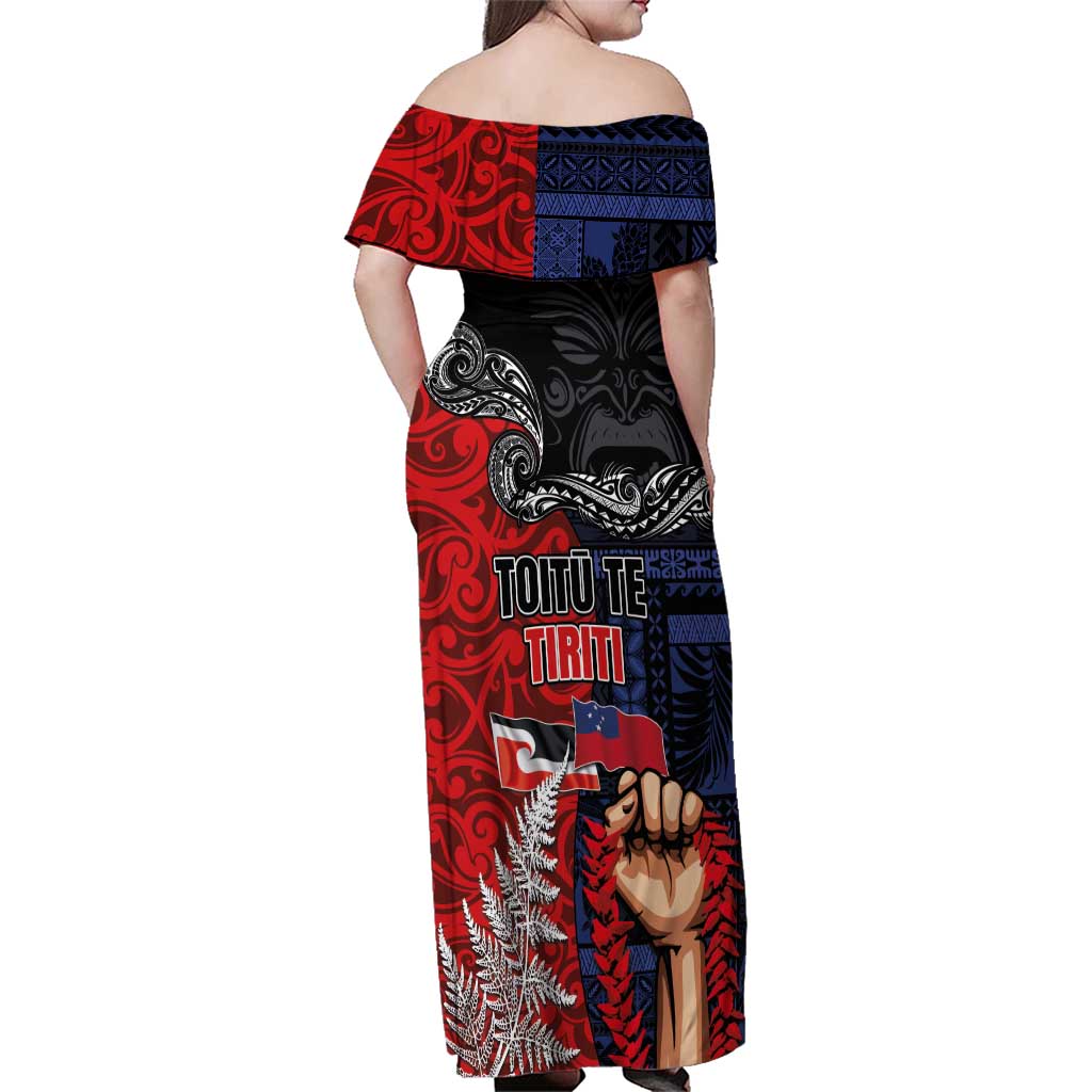 Aotearoa and Samoa Toitu Te Tiriti Family Matching Off Shoulder Maxi Dress and Hawaiian Shirt Honour the Treaty - Te Tiriti Is Us LT03 - Polynesian Pride