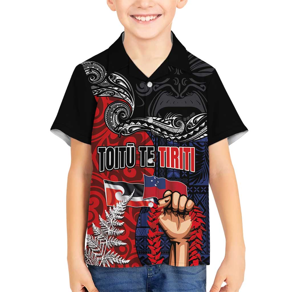 Aotearoa and Samoa Toitu Te Tiriti Family Matching Off Shoulder Maxi Dress and Hawaiian Shirt Honour the Treaty - Te Tiriti Is Us LT03 Son's Shirt Black - Polynesian Pride