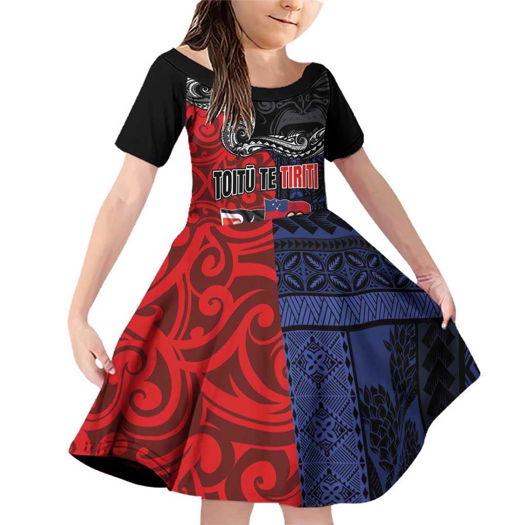 Aotearoa and Samoa Toitu Te Tiriti Family Matching Off Shoulder Short Dress and Hawaiian Shirt Honour the Treaty - Te Tiriti Is Us LT03 Daughter's Dress Black - Polynesian Pride