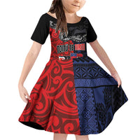 Aotearoa and Samoa Toitu Te Tiriti Family Matching Off Shoulder Short Dress and Hawaiian Shirt Honour the Treaty - Te Tiriti Is Us LT03 Daughter's Dress Black - Polynesian Pride