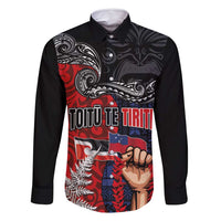 Aotearoa and Samoa Toitu Te Tiriti Family Matching Off Shoulder Short Dress and Hawaiian Shirt Honour the Treaty - Te Tiriti Is Us LT03 Dad's Shirt - Long Sleeve Black - Polynesian Pride