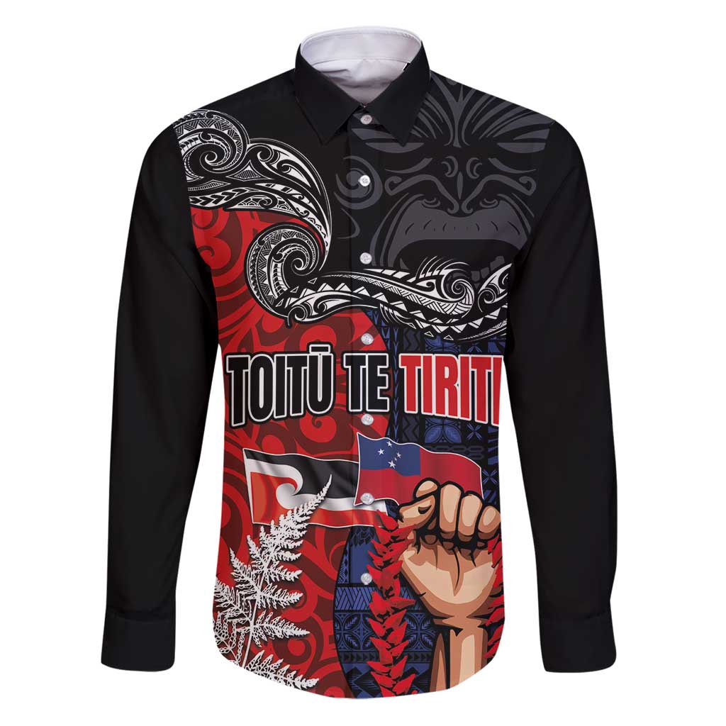 Aotearoa and Samoa Toitu Te Tiriti Family Matching Puletasi and Hawaiian Shirt Honour the Treaty - Te Tiriti Is Us LT03 Dad's Shirt - Long Sleeve Black - Polynesian Pride