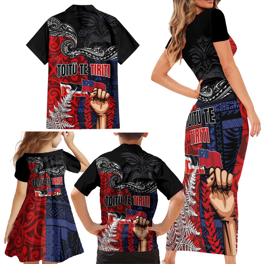 Aotearoa and Samoa Toitu Te Tiriti Family Matching Short Sleeve Bodycon Dress and Hawaiian Shirt Honour the Treaty - Te Tiriti Is Us LT03 - Polynesian Pride