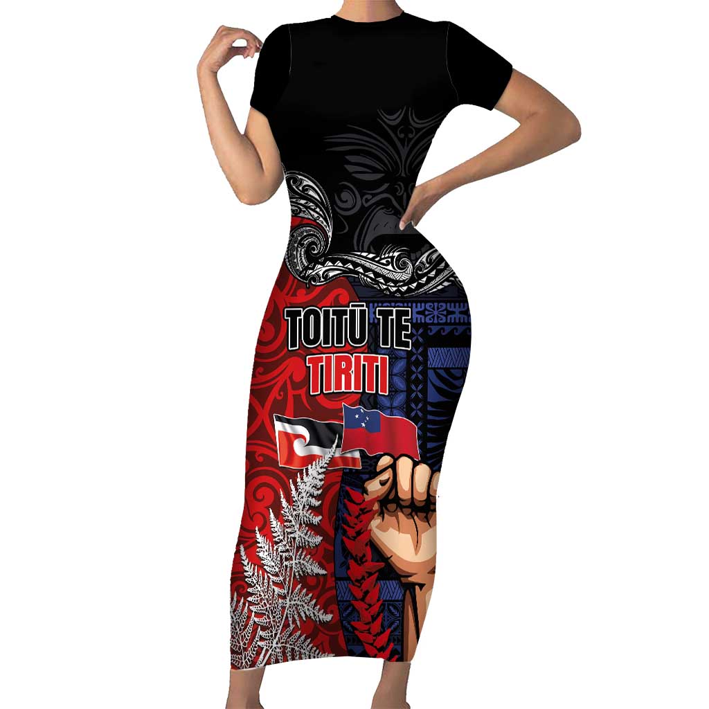 Aotearoa and Samoa Toitu Te Tiriti Family Matching Short Sleeve Bodycon Dress and Hawaiian Shirt Honour the Treaty - Te Tiriti Is Us LT03 Mom's Dress Black - Polynesian Pride