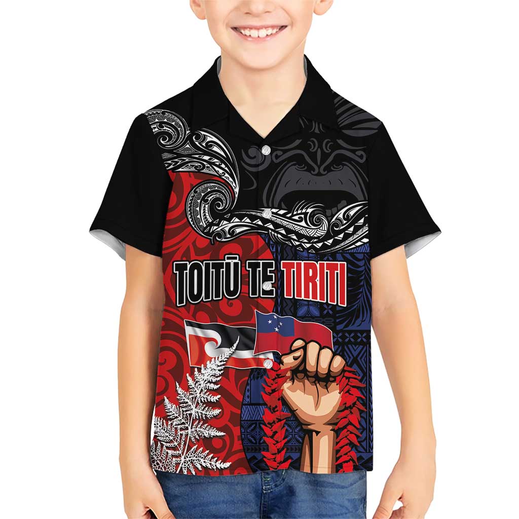 Aotearoa and Samoa Toitu Te Tiriti Family Matching Short Sleeve Bodycon Dress and Hawaiian Shirt Honour the Treaty - Te Tiriti Is Us LT03 Son's Shirt Black - Polynesian Pride