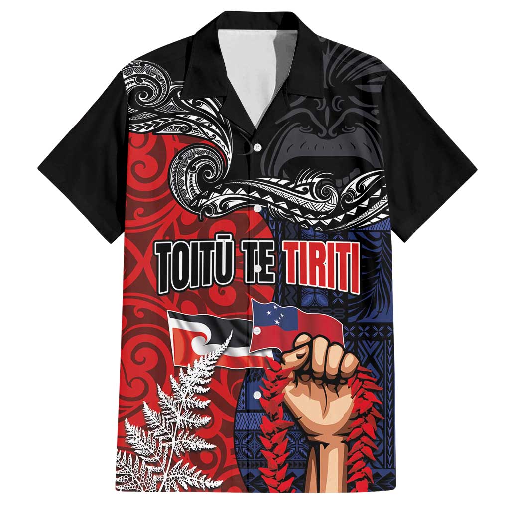 Aotearoa and Samoa Toitu Te Tiriti Family Matching Summer Maxi Dress and Hawaiian Shirt Honour the Treaty - Te Tiriti Is Us LT03 Dad's Shirt - Short Sleeve Black - Polynesian Pride