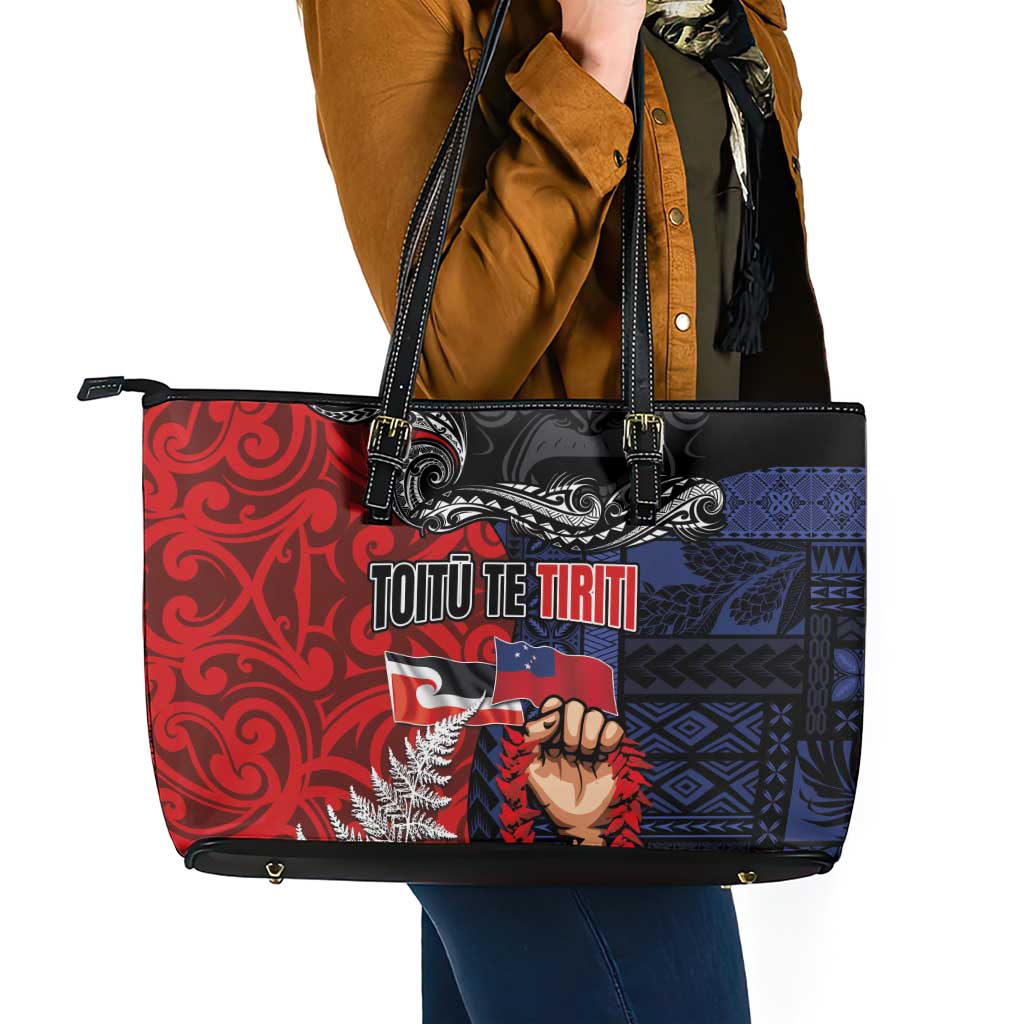Aotearoa and Samoa Toitu Te Tiriti Leather Tote Bag Honour the Treaty - Te Tiriti Is Us