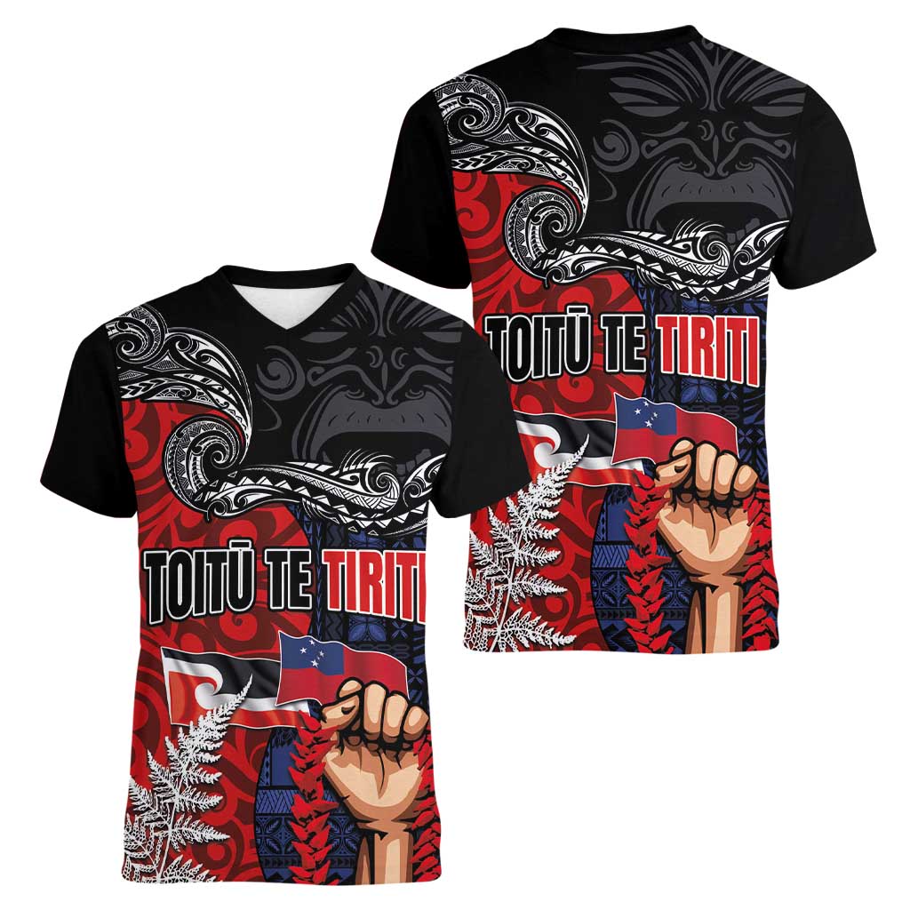 Aotearoa and Samoa Toitu Te Tiriti Women V-Neck T-Shirt Honour the Treaty - Te Tiriti Is Us