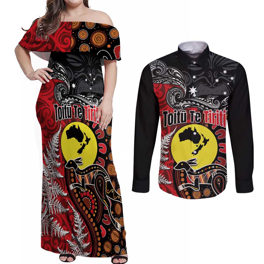 Aotearoa and Australia Toitu Te Tiriti Couples Matching Off Shoulder Maxi Dress and Long Sleeve Button Shirt Honour the Treaty - Te Tiriti Is Us