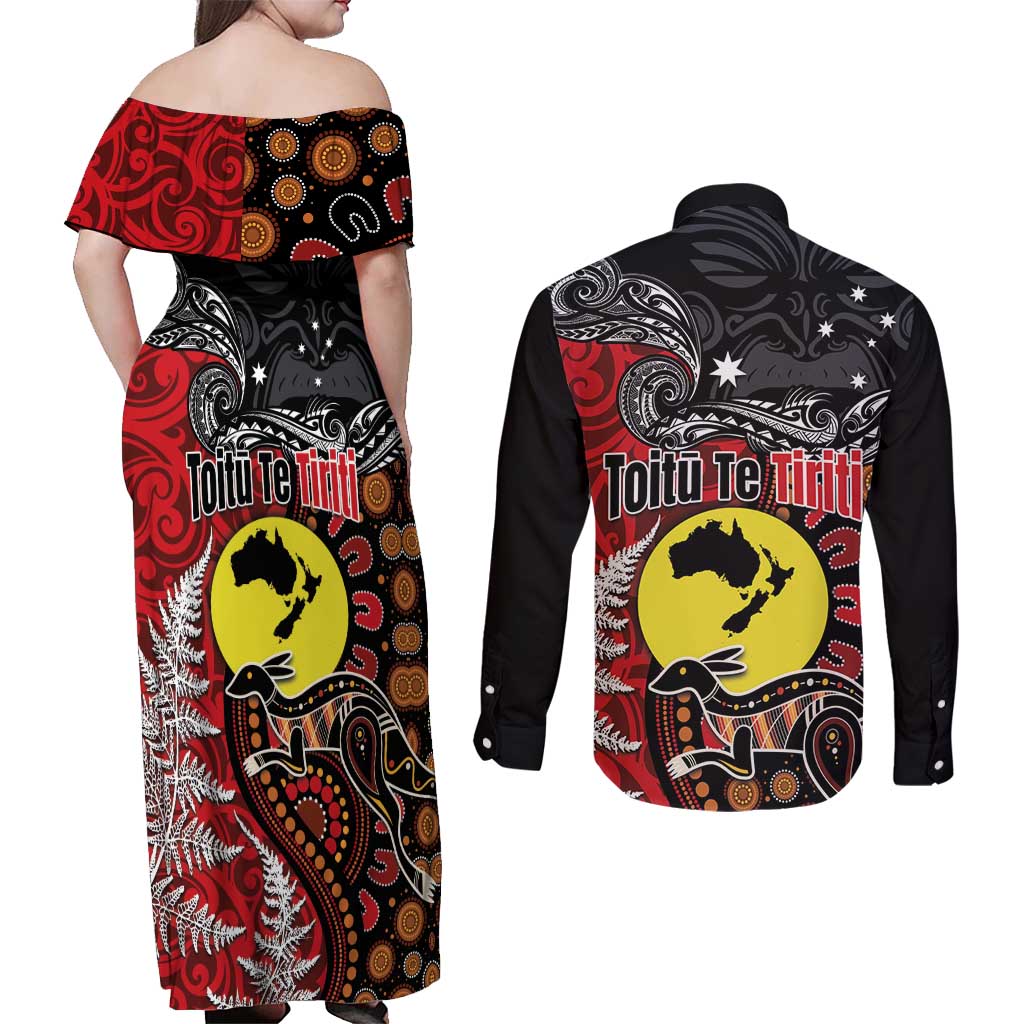 Aotearoa and Australia Toitu Te Tiriti Couples Matching Off Shoulder Maxi Dress and Long Sleeve Button Shirt Honour the Treaty - Te Tiriti Is Us